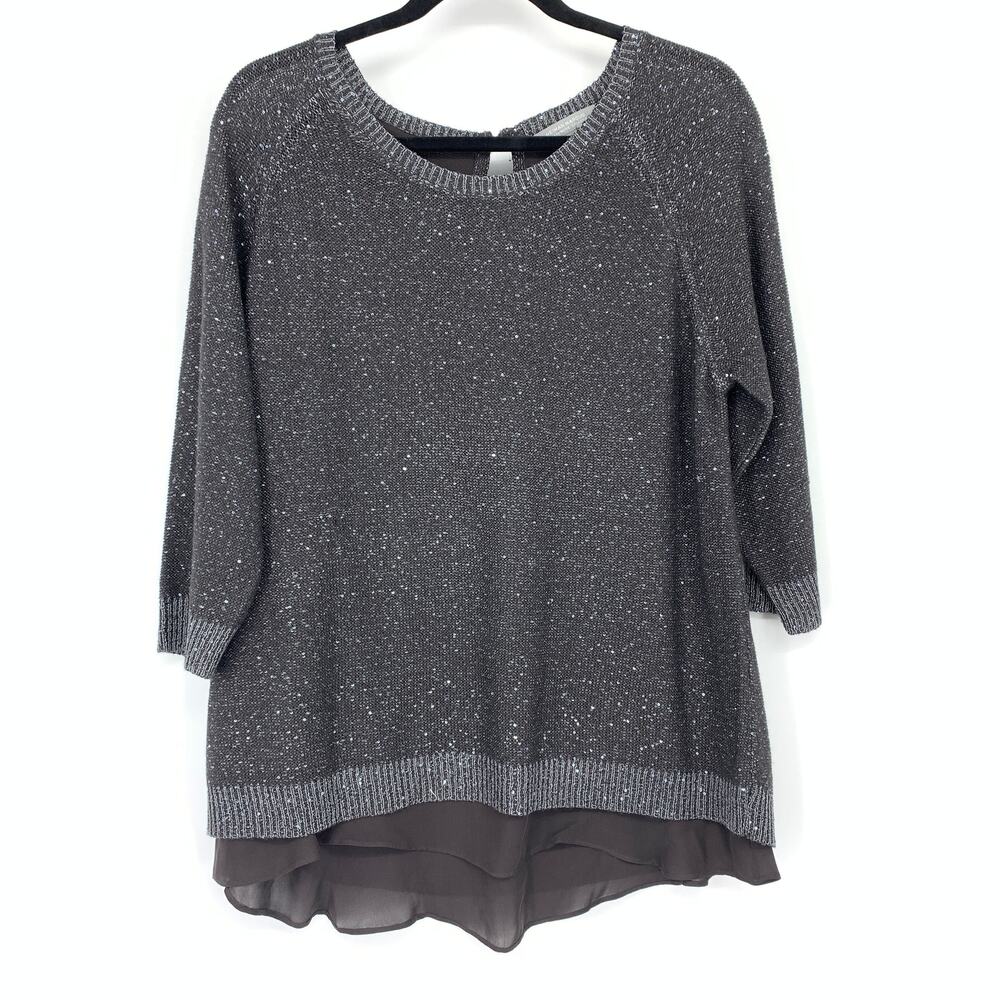 Neiman Marcus Cashmere Sweater XL Gray Silver Sequin Chiffon Hem Layered Tunic